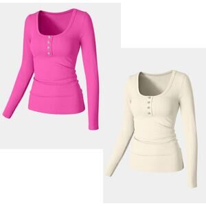 OQQ Lot of 2 Long Sleeve Fixed button T-Shirts Amazon Tiktok Viral Fitted Size L